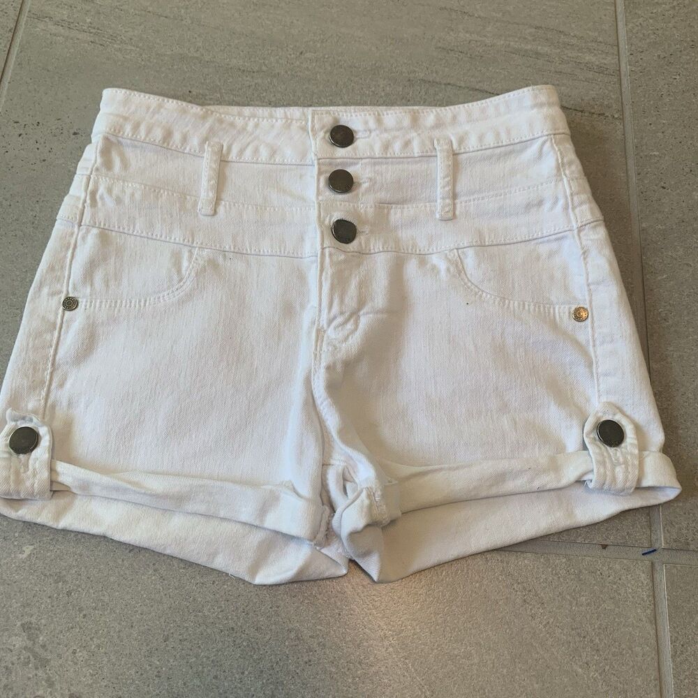Refuge High Waisted Triple Button Denim Shorts Cuffed White Womens Size 4